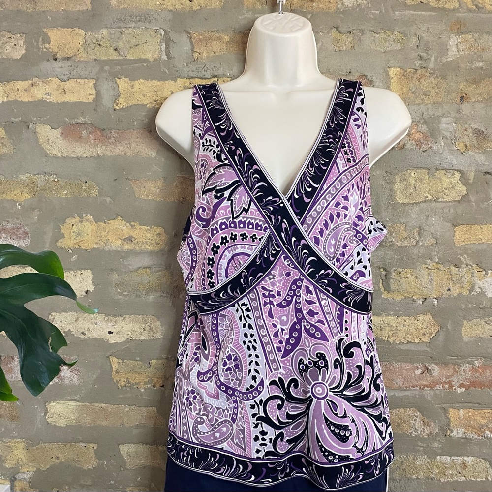 VINTAGE ~ 100% Silk Purple Floral Paisley Deep V Sleeveless Blouse